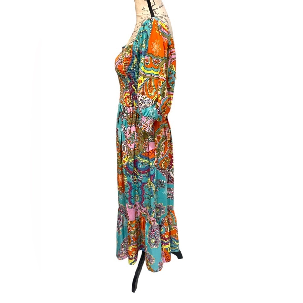 Wishing Waves Vibrant Orange and Blue Paisley Tiered Maxi Sundress Size Medium - Picture 5 of 7